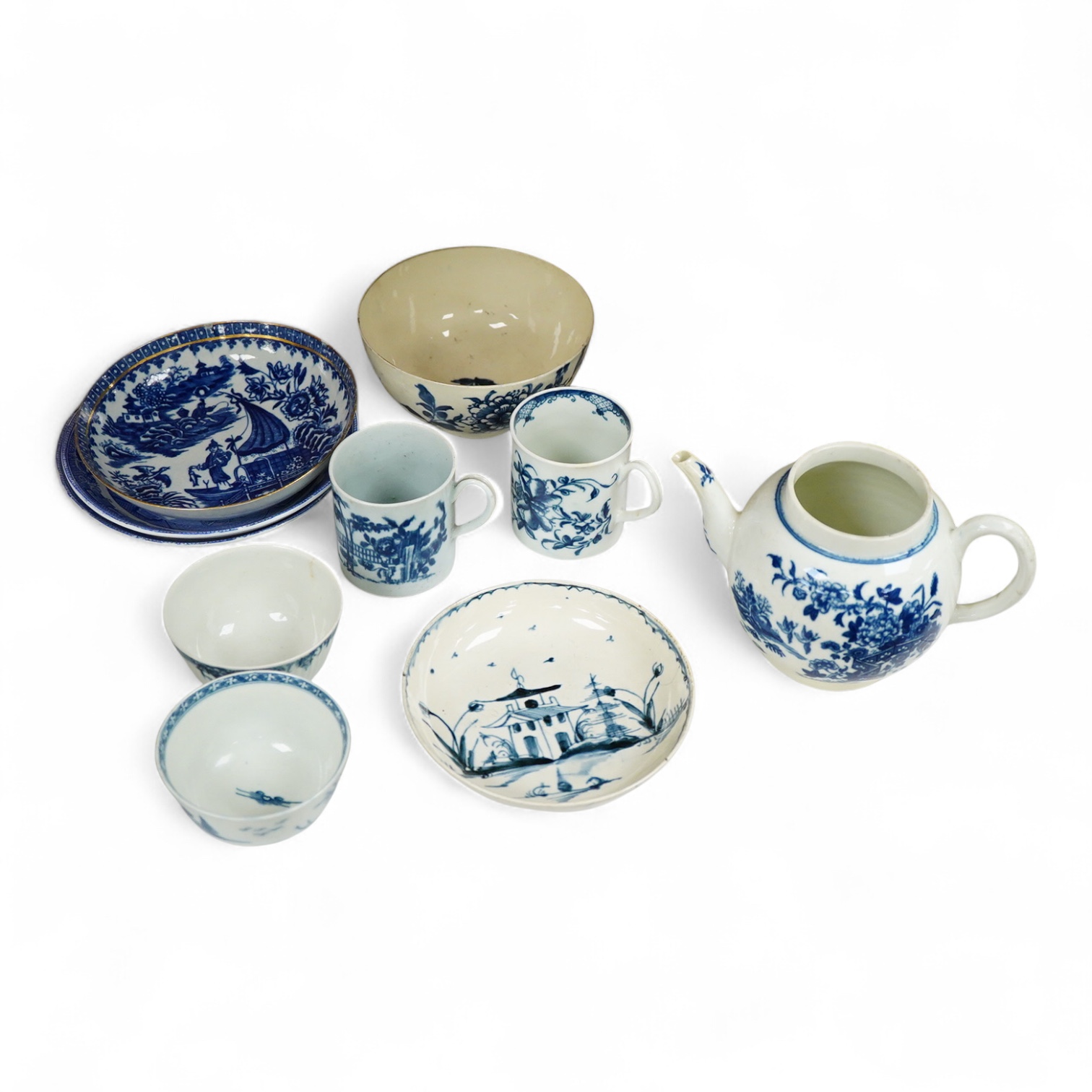 A group of 18th century Worcester, Liverpool etc. blue and white tea and coffee wares, teapot 9.5cm high